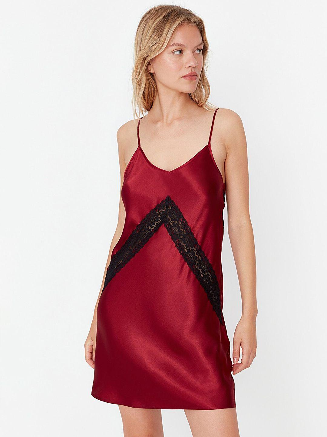 trendyol burgundy solid shoulder straps nightdress