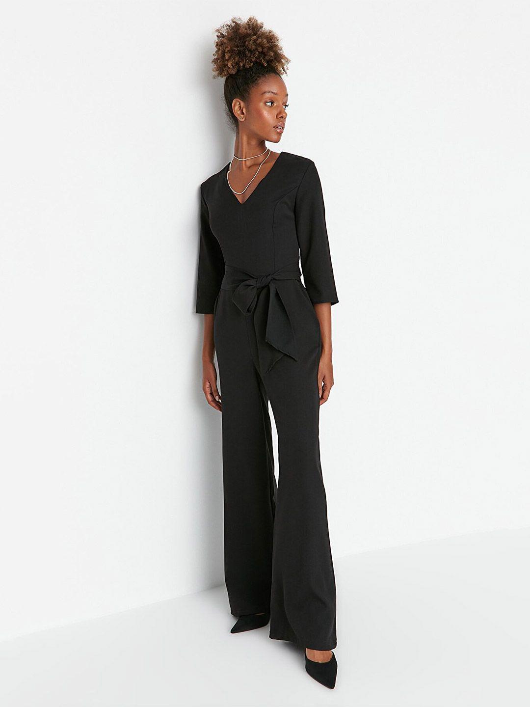 trendyol black solid waist tie-up basic jumpsuit