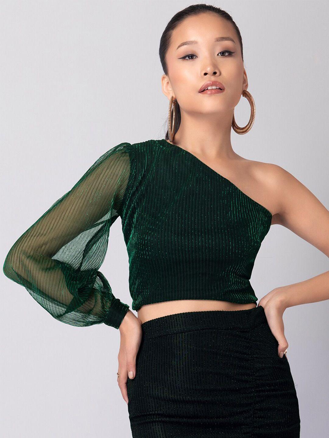 faballey x rimzim dadu green pleated one shoulder crop top