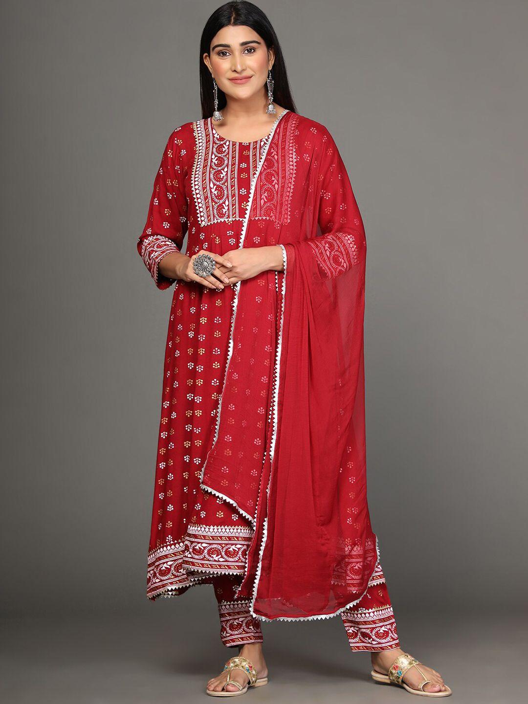 ziva fashion women maroon embroidered gotta patti kurta with trousers &  dupatta