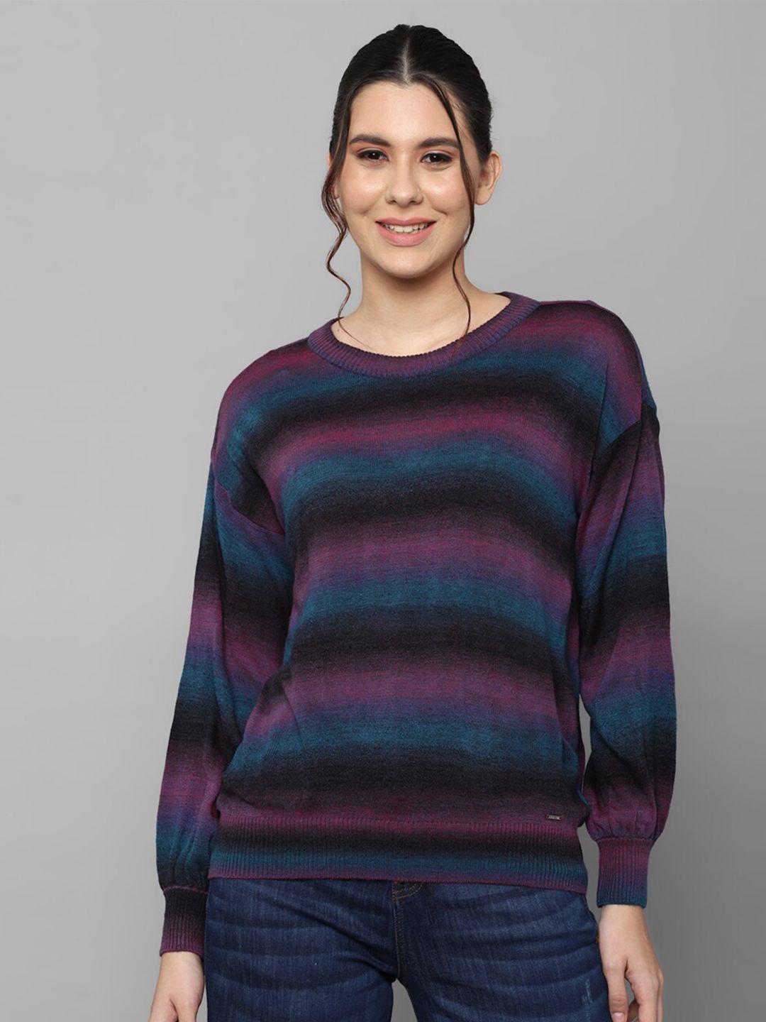 allen solly woman women blue & black striped cotton pullover