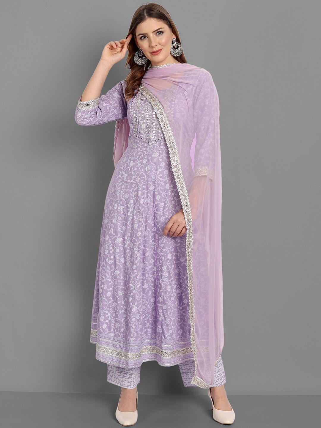 singni women purple ethnic motifs embroidered mirror work kurta with trousers & dupatta