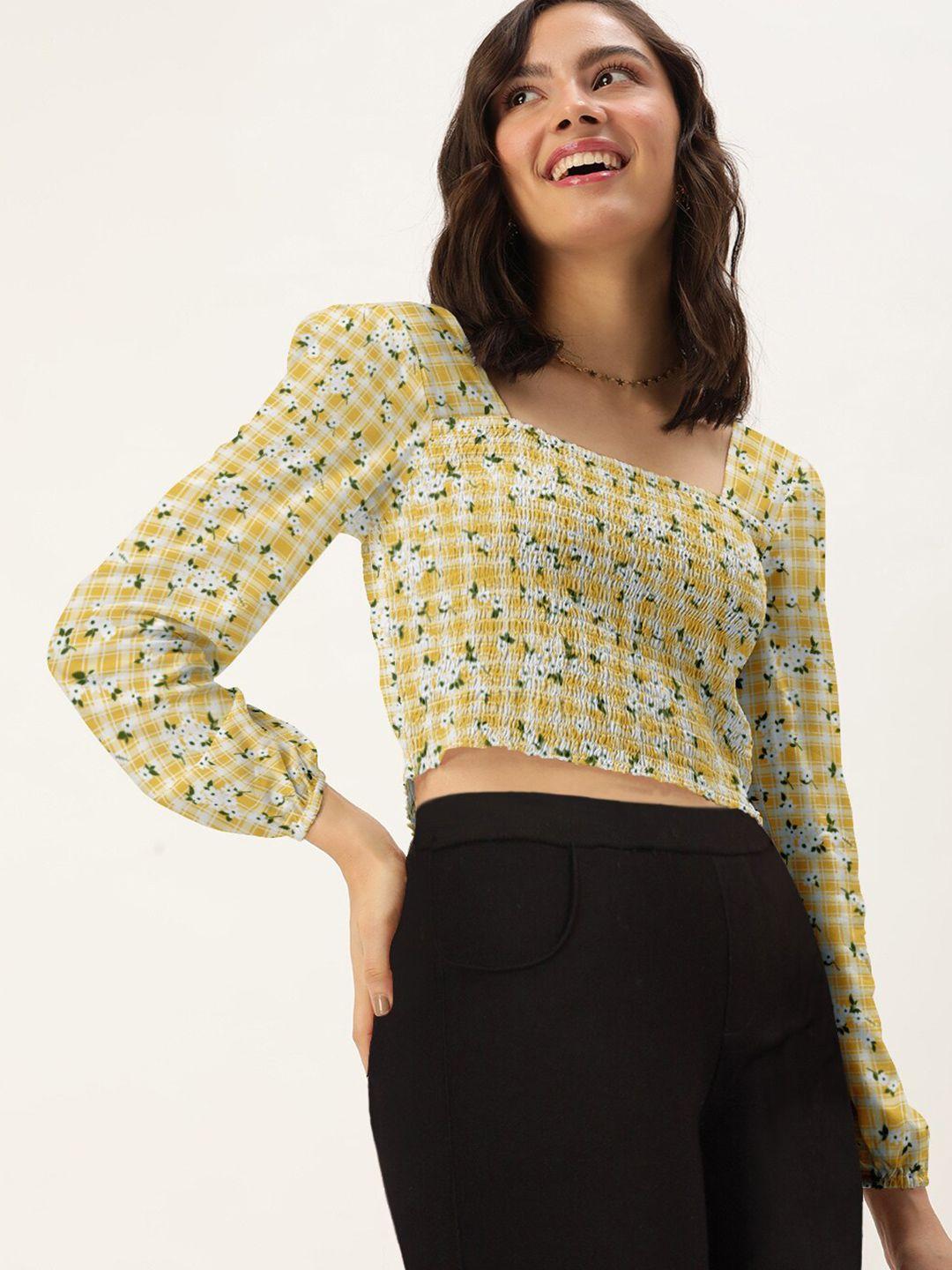 dressberry women mustard yellow floral print crop top