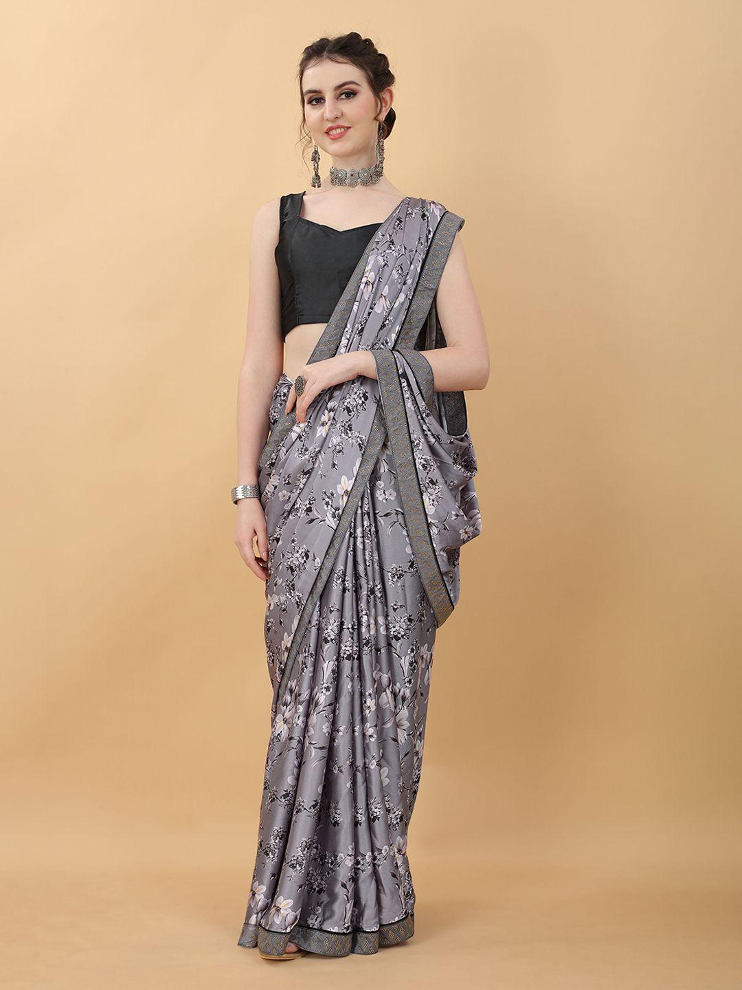 kasee grey & white floral satin saree