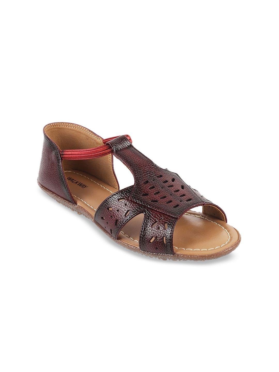 walkway by metro women maroon open toe flats with laser cuts