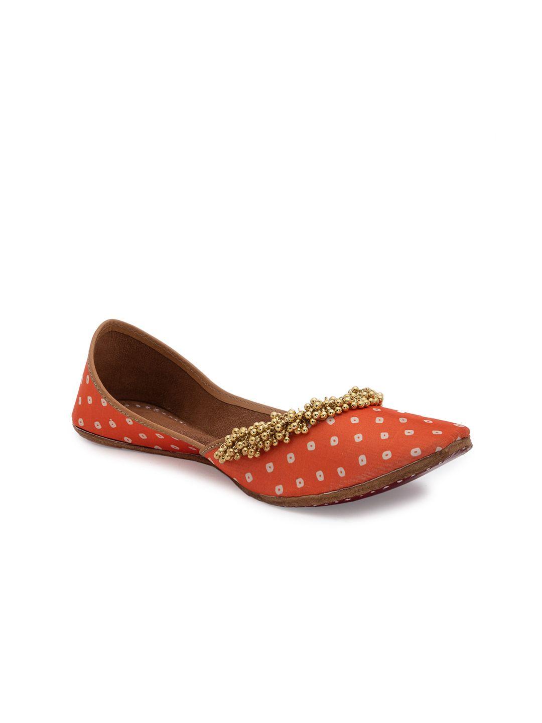 5 elements women orange printed ethnic mojaris flats