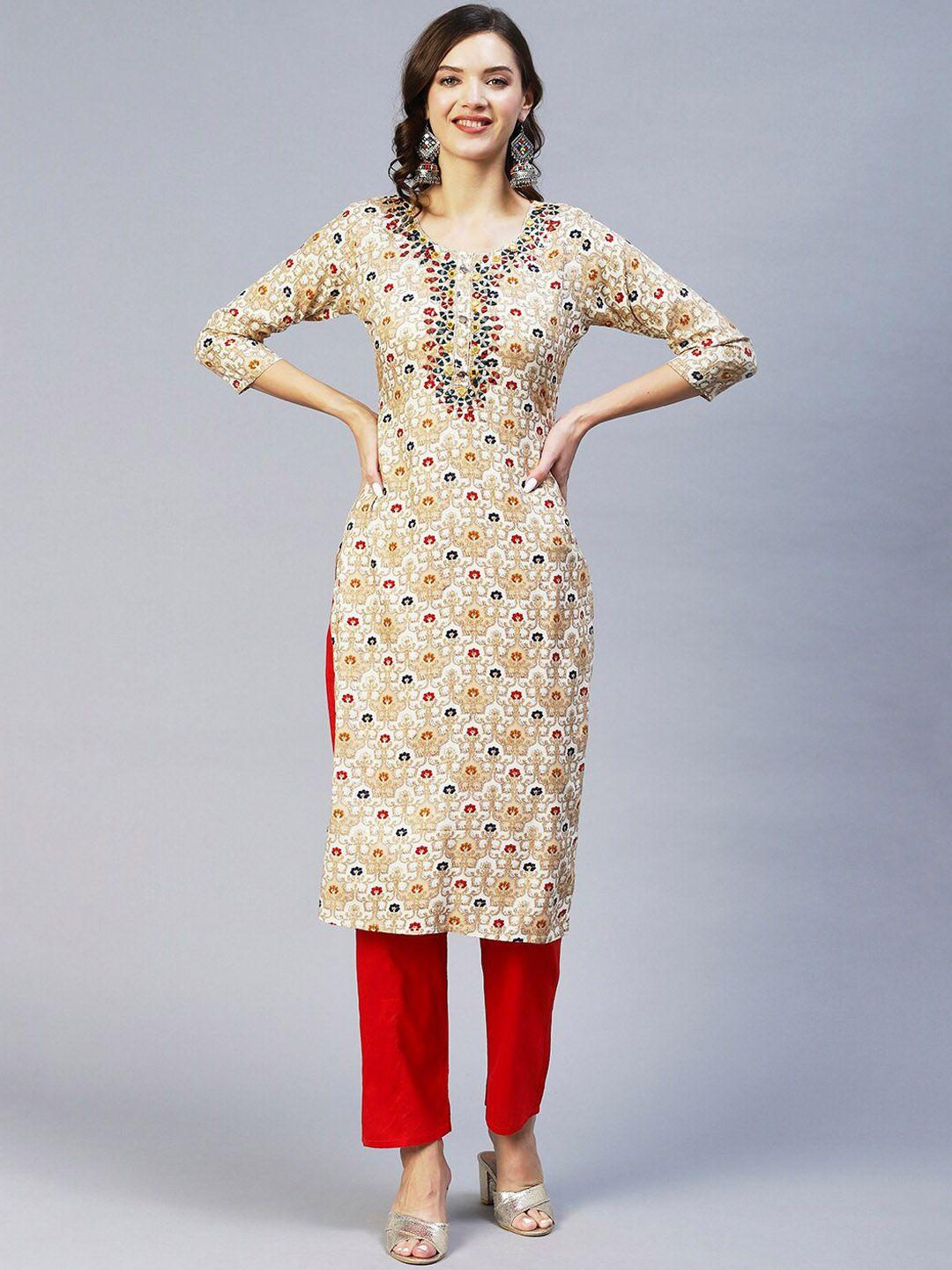 fashor round neck ethnic motifs printed straight fit kurta