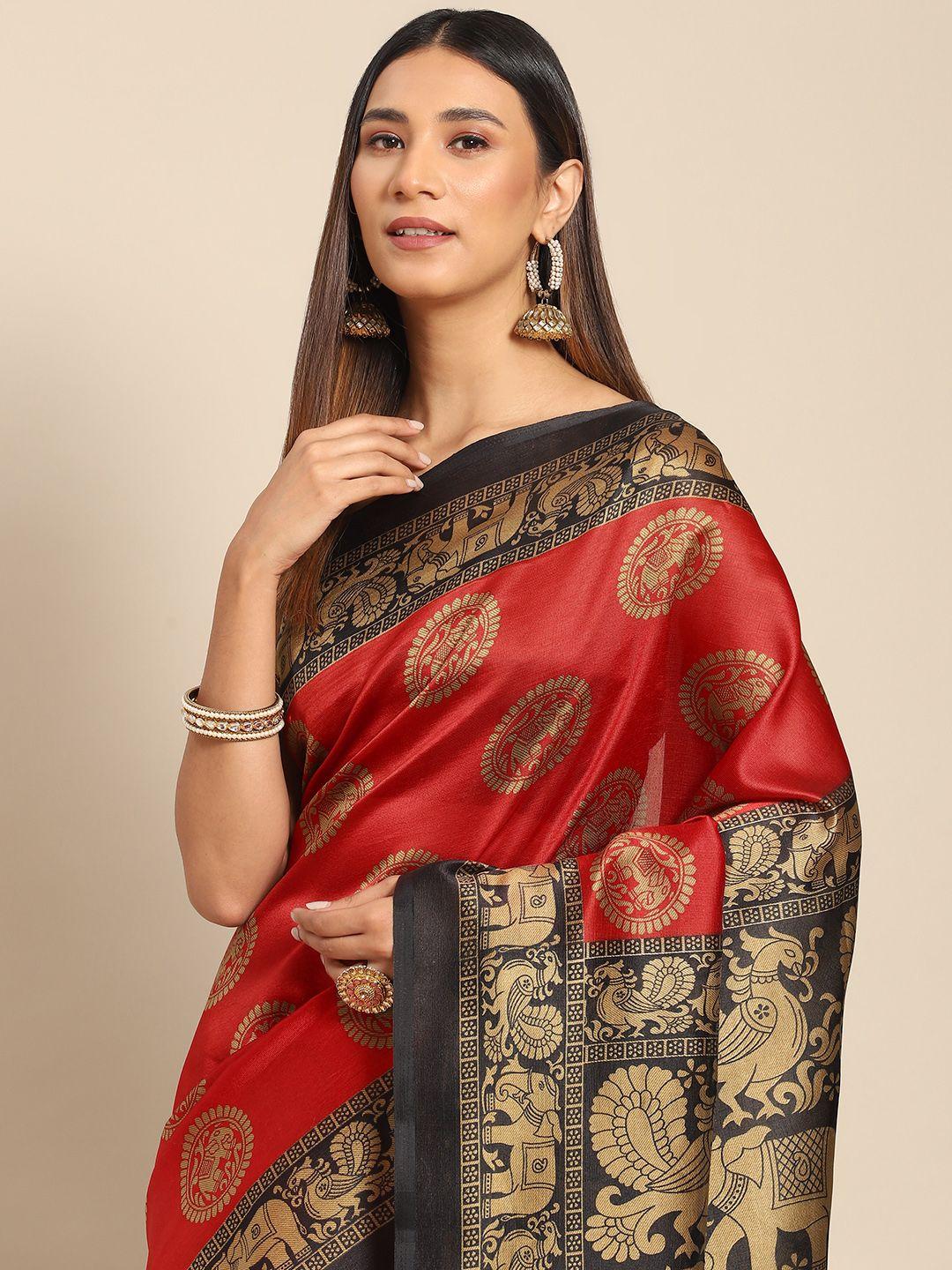 anouk red & gold-toned ethnic motifs art silk block print saree