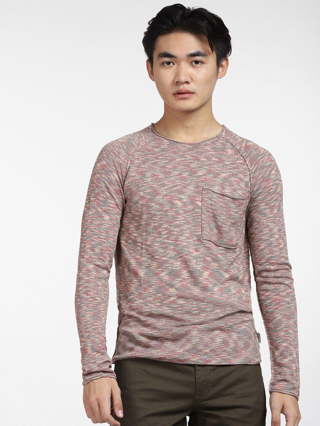 jack & jones men mauve & off white abstract printed pullover sweater