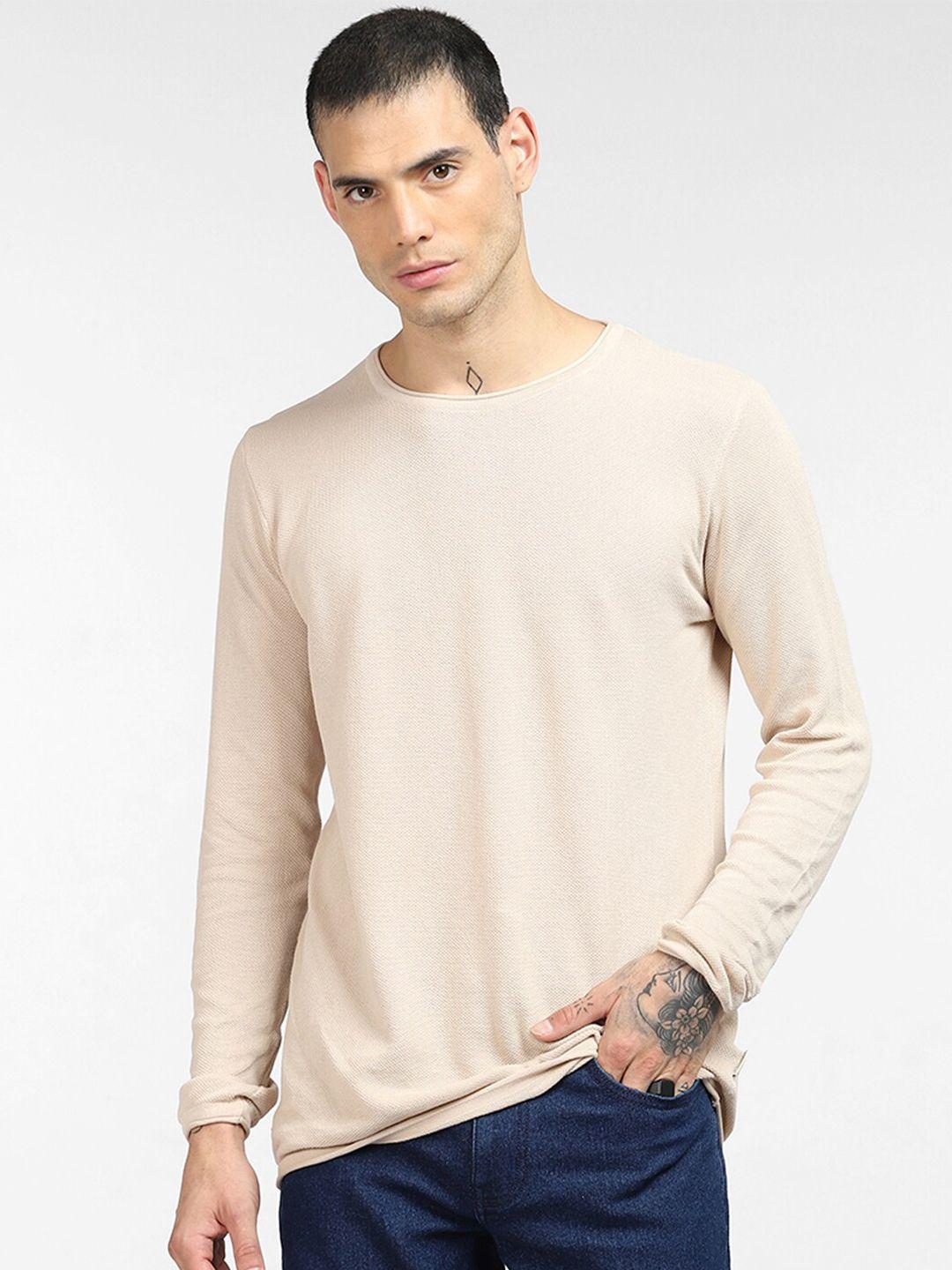 jack & jones men beige solid pullover cotton sweater