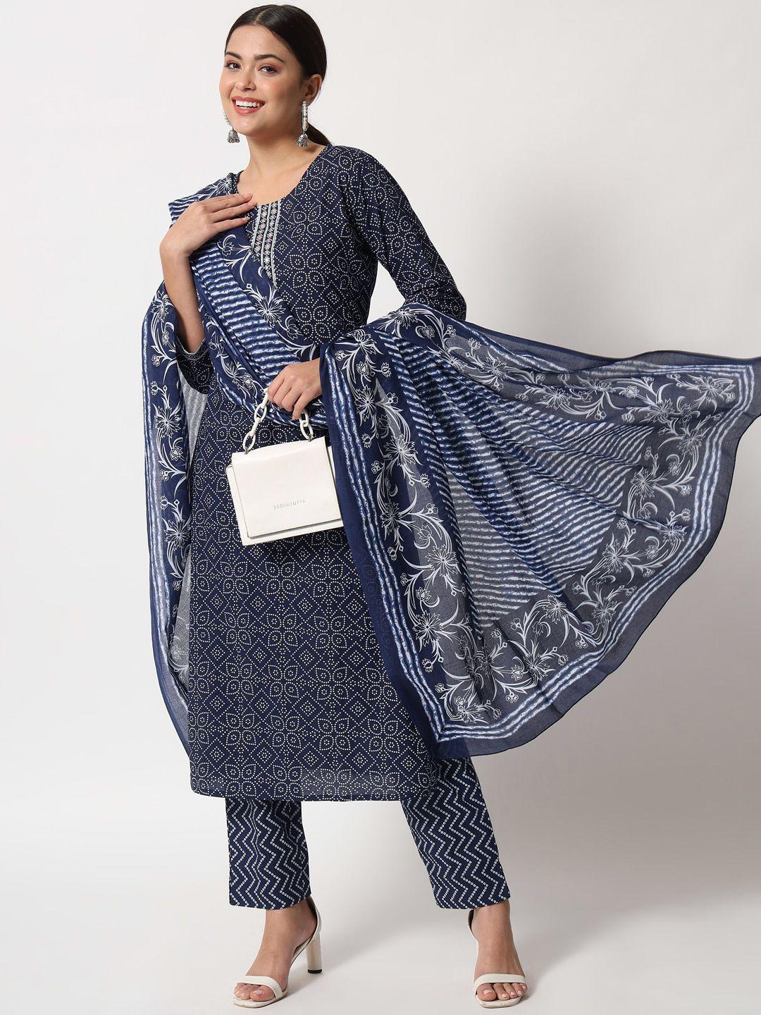 fiorra women blue bandhani printed pure cotton kurta with trousers & with dupatta