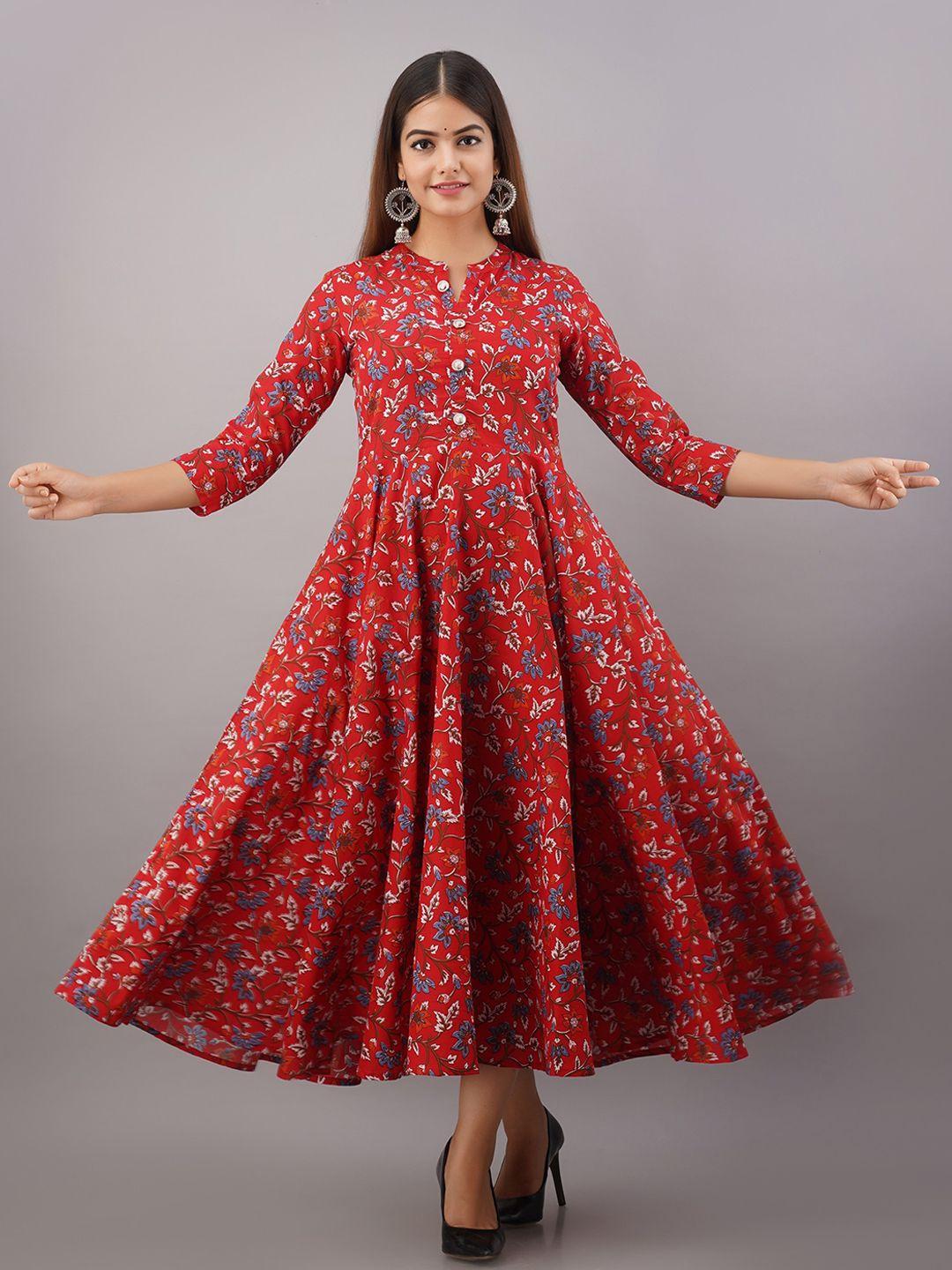 women touch women red & blue floral printed cotton kurta