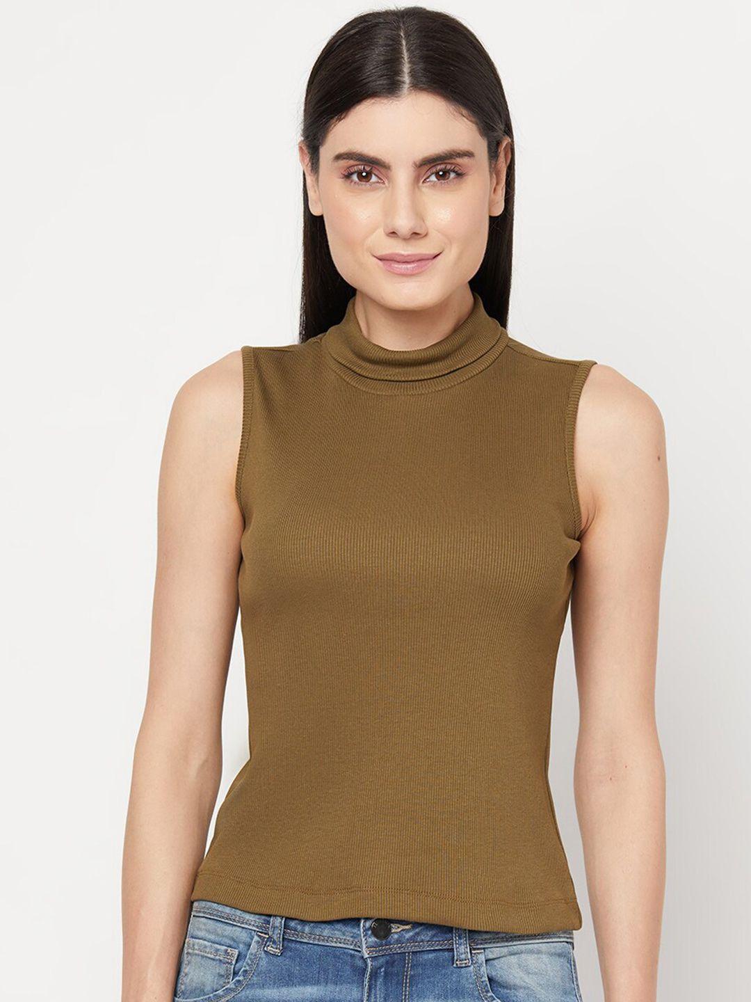 yoonoy women olive green high neck rib top