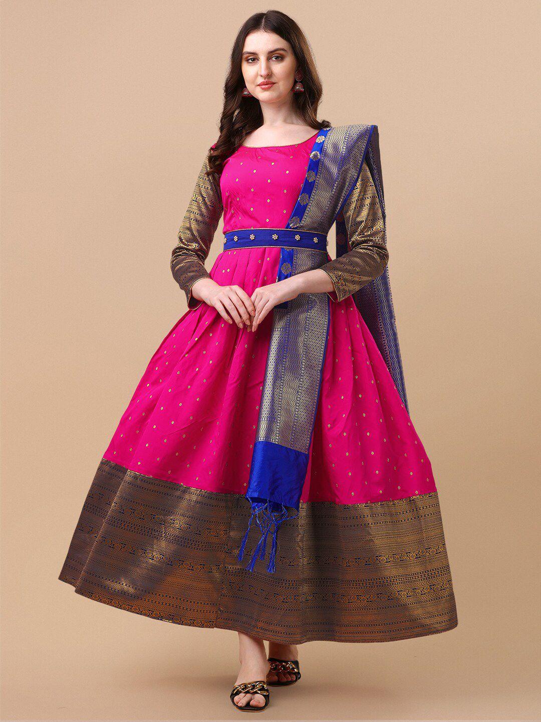 vidraa western store pink & blue ethnic motifs jacquard ethnic maxi dress