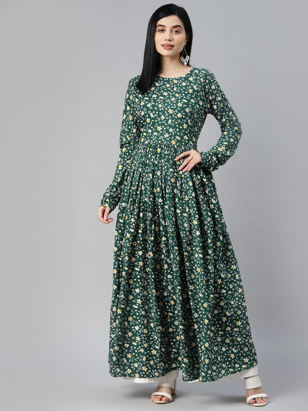 mbe women green & white floral printed floral crepe anarkali kurta