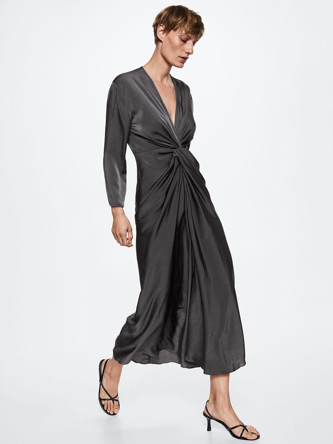 mango charcoal grey solid twisted satin maxi dress