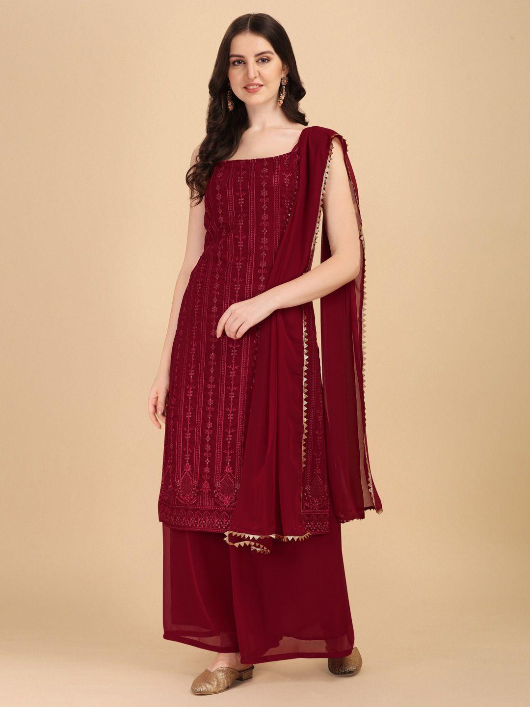 virah fashion women maroon embroidered sequinned kurti with palazzos & with dupatta