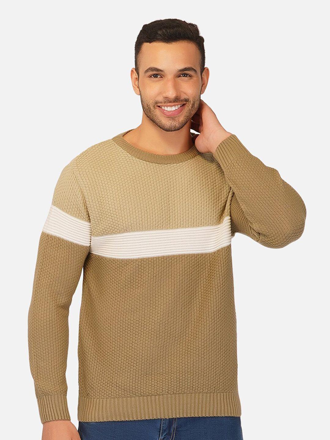 joe hazel men beige & white colourblocked pullover