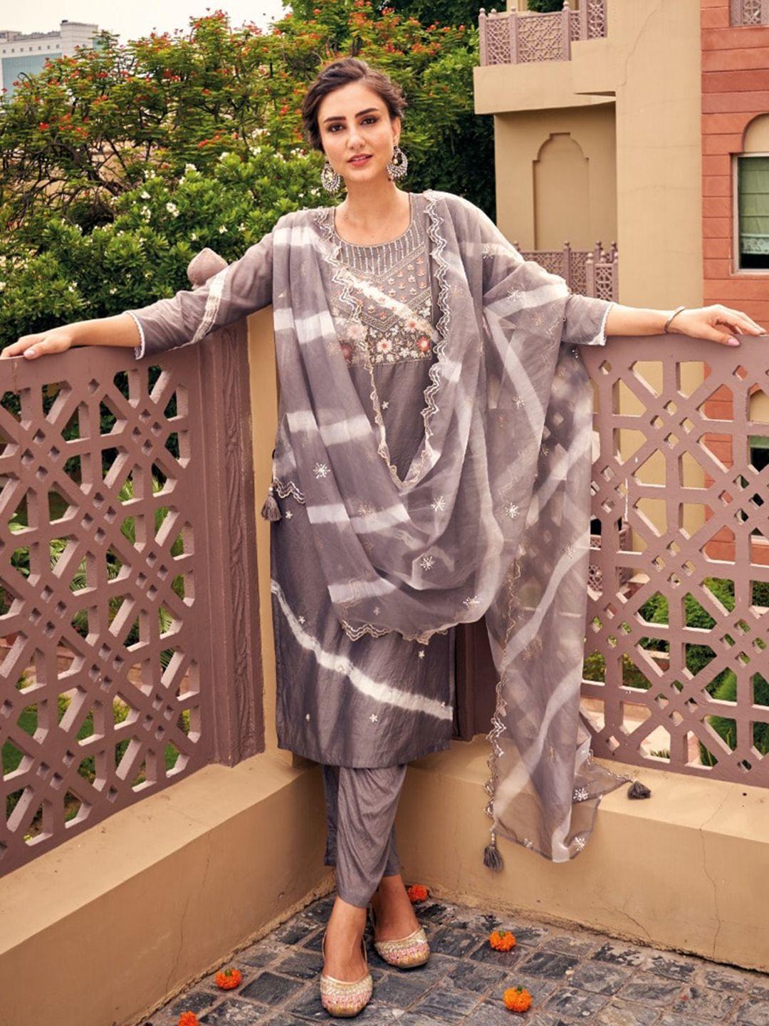 autumn lane women grey floral embroidered kurta with trousers & dupatta