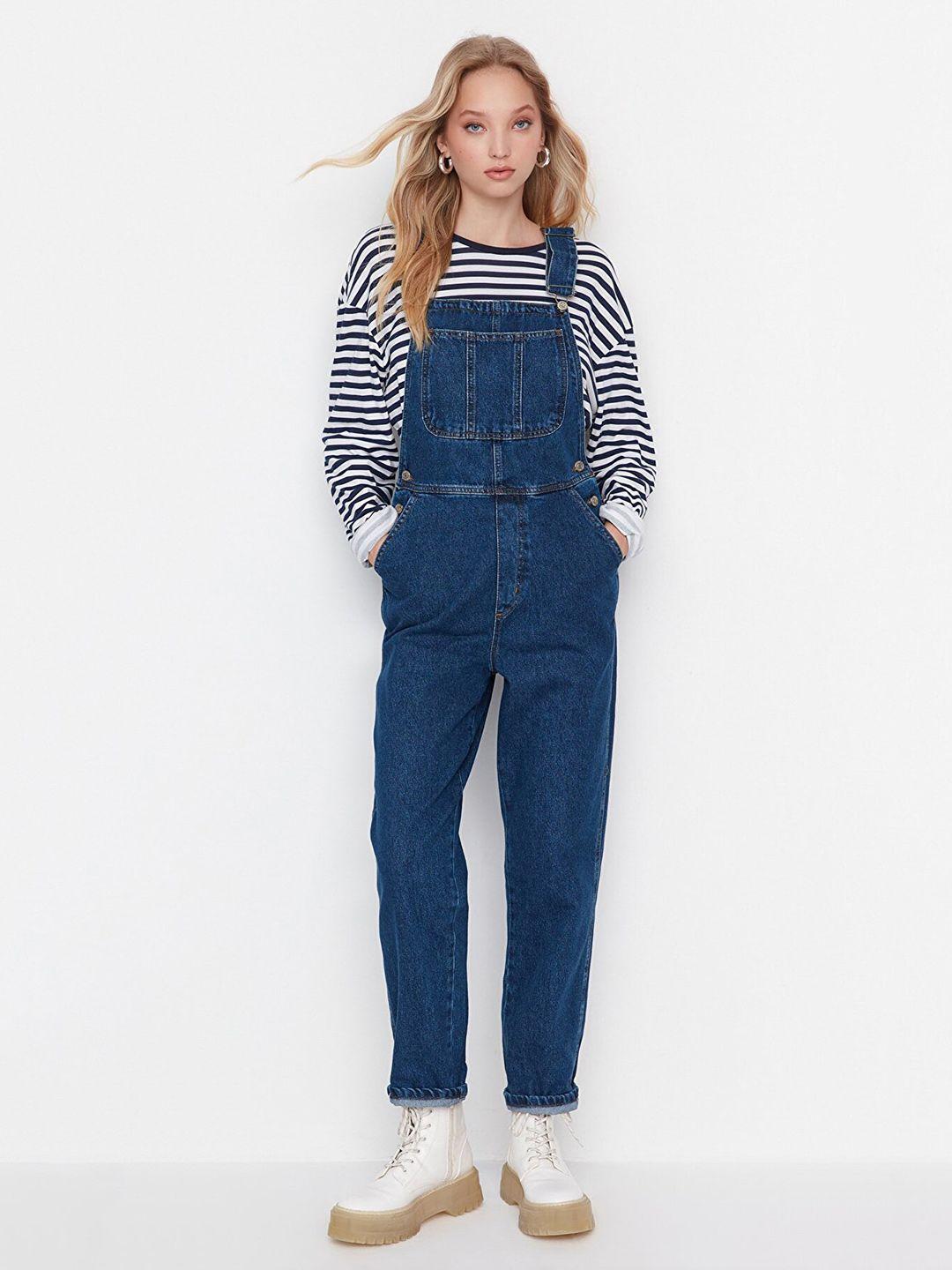 trendyol navy blue basic cotton jumpsuit