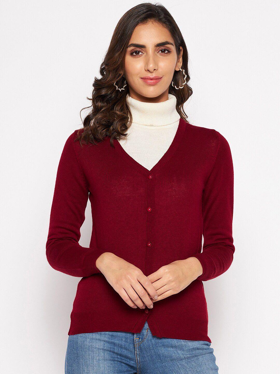 crozo by cantabil women acrylic maroon cardigan