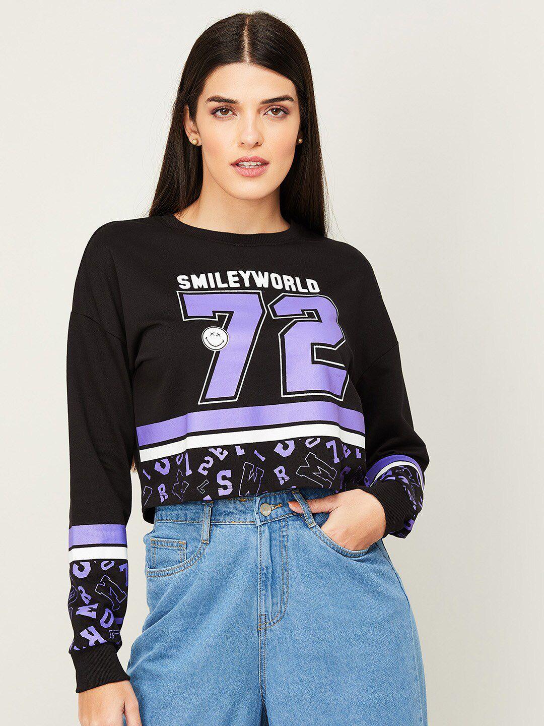 smileyworld women black printed cotton sweatshirt