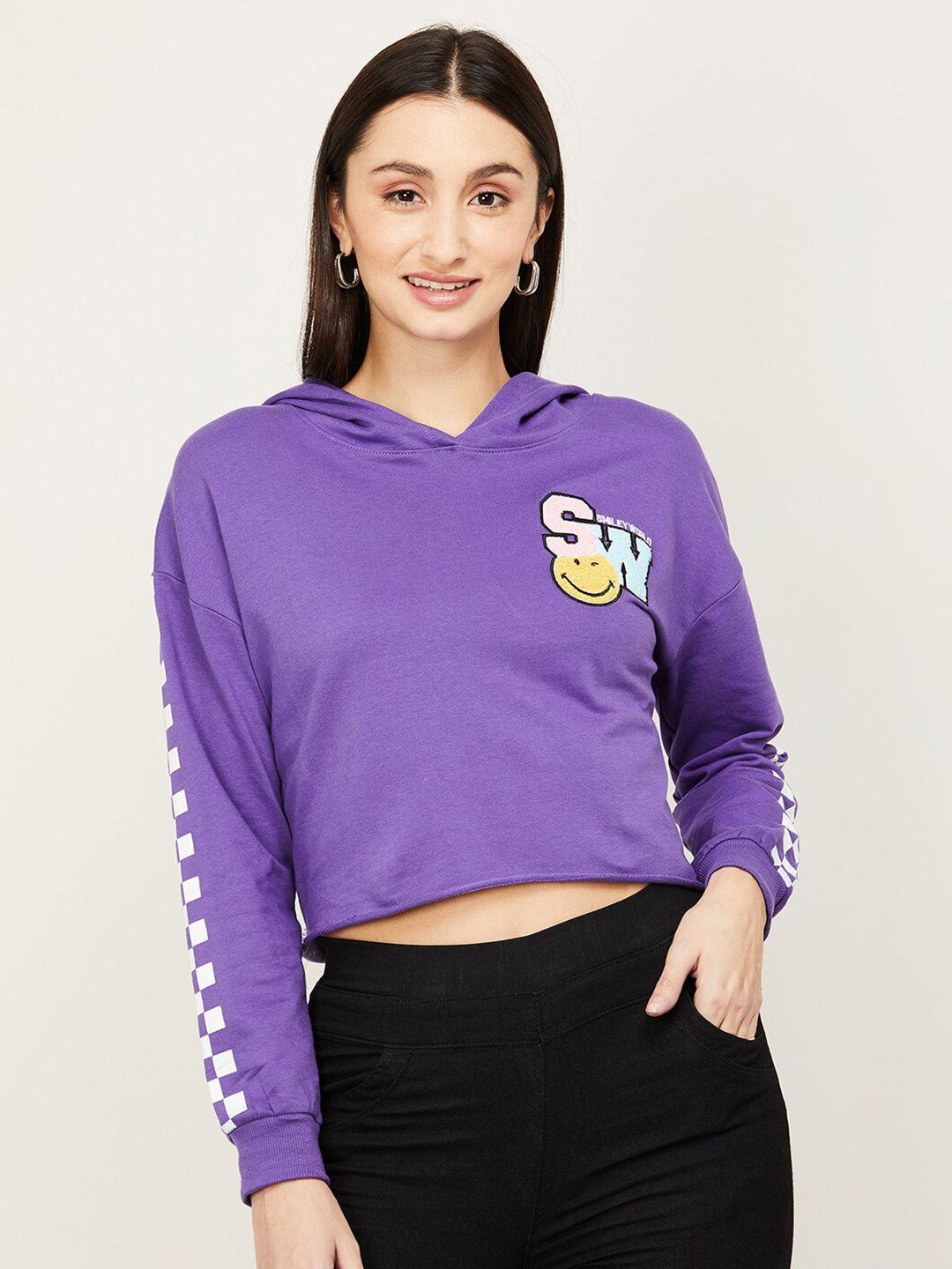 smileyworld women purple printed hooded cotton sweatshirt