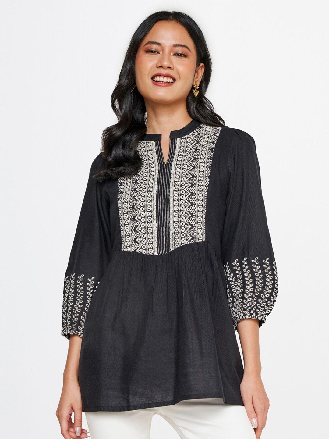 global desi black ethnic printed mandarin collar top