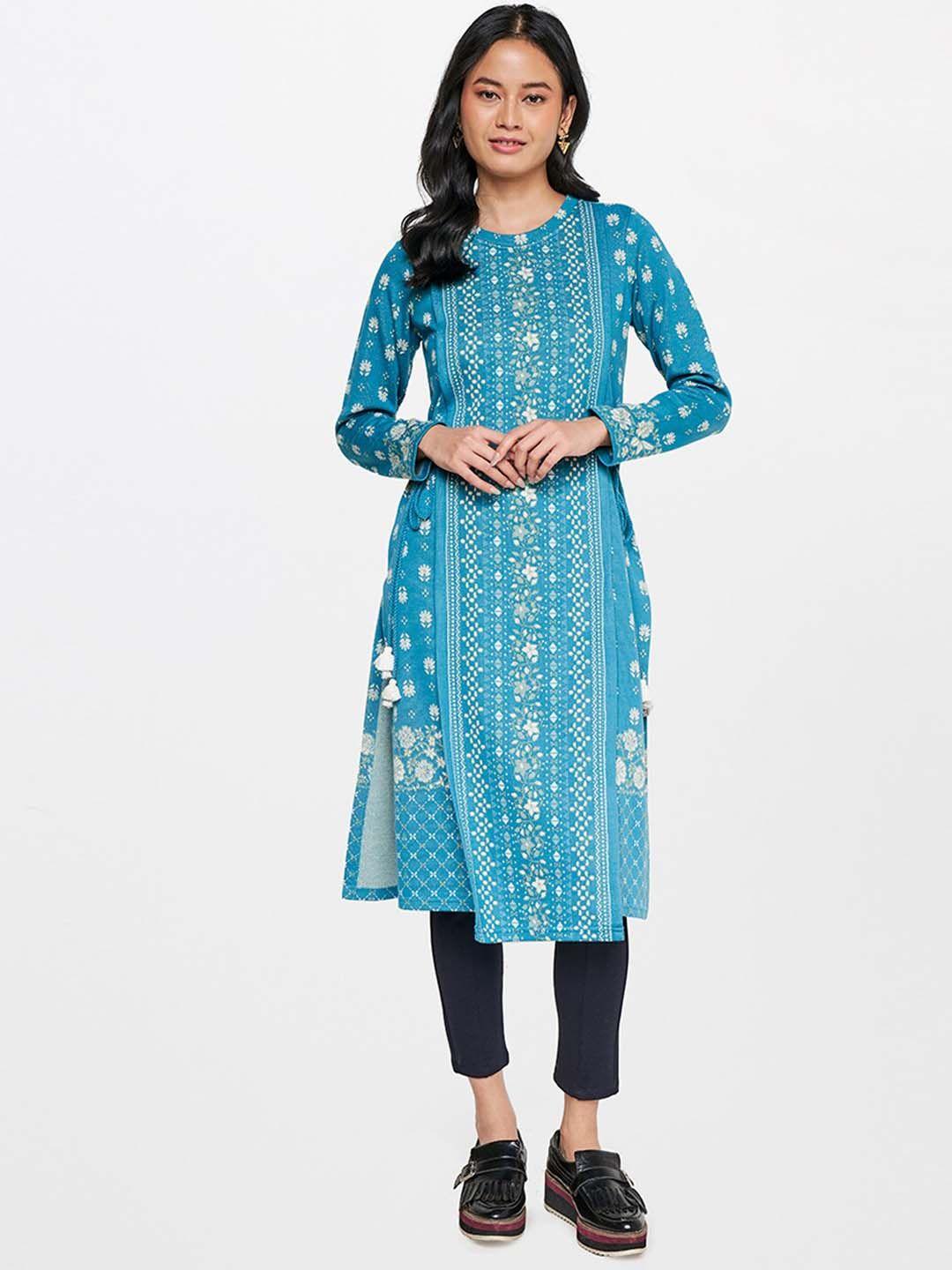 global desi women blue ethnic motifs kurta