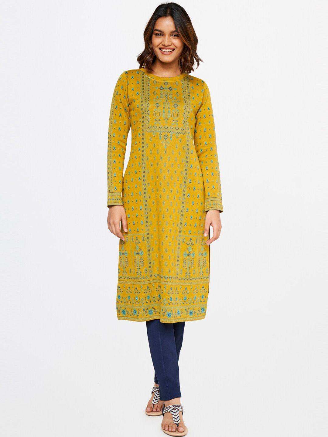 global desi women mustard yellow ethnic motifs printed kurta