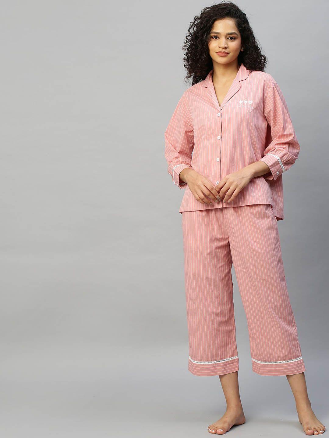 chemistry women pink & white striped pure cotton night suit