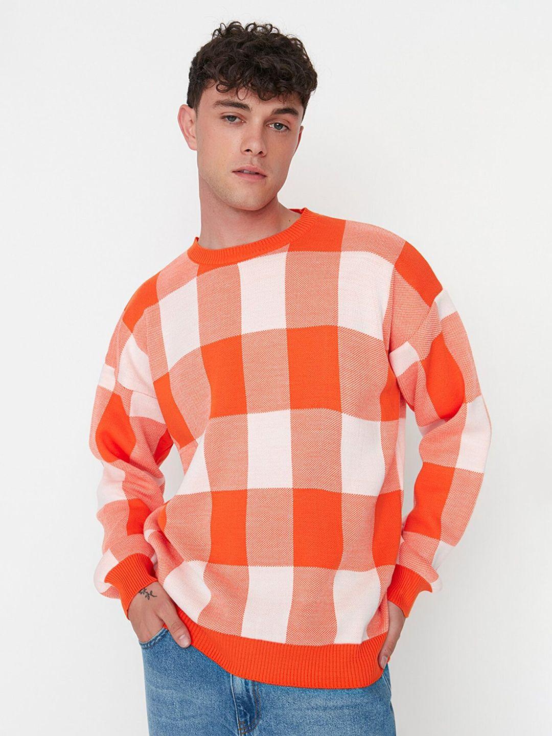 trendyol men orange & white checked acrylic pullover sweater