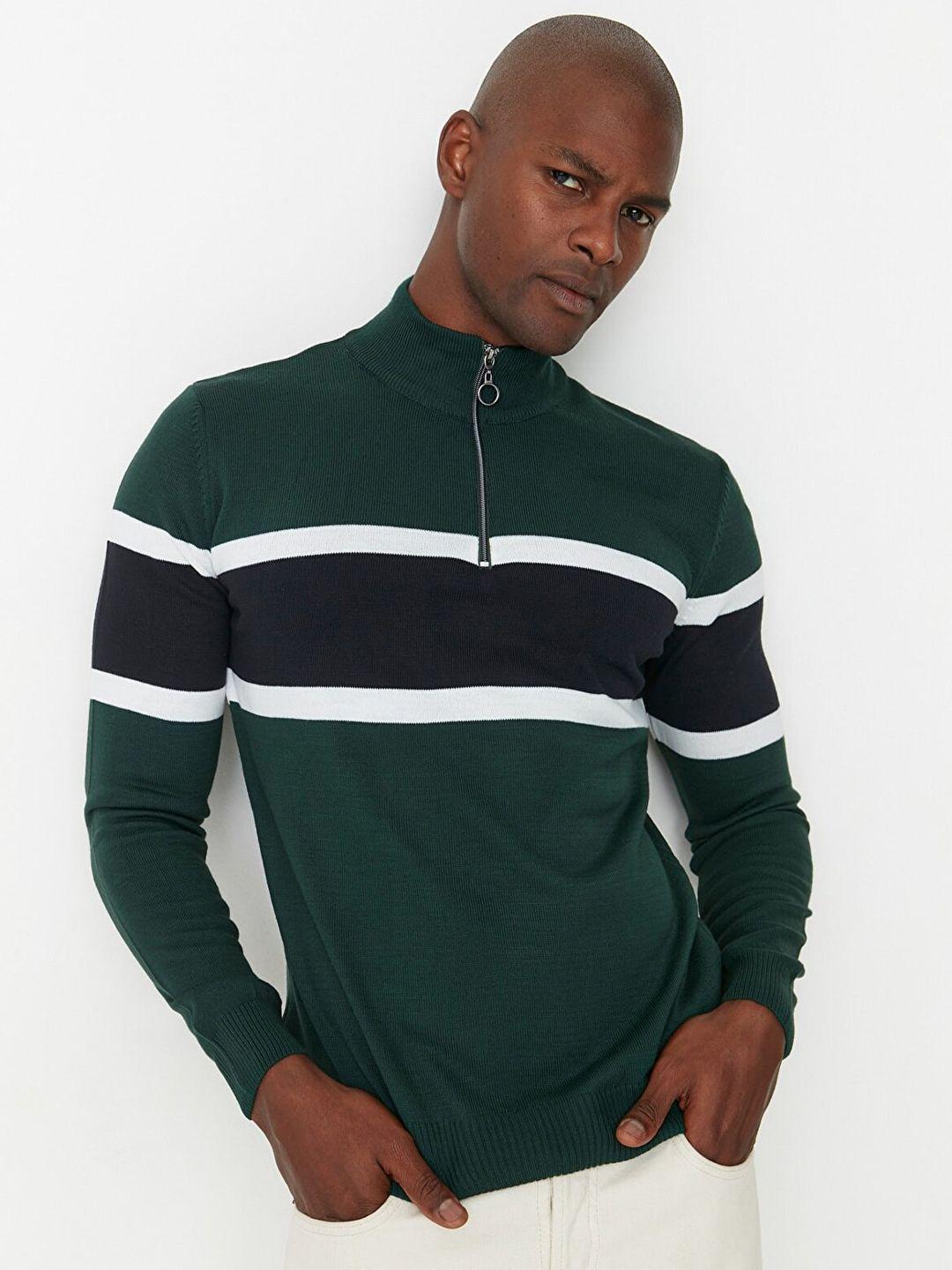 trendyol men green & black colourblocked pullover acrylic sweater