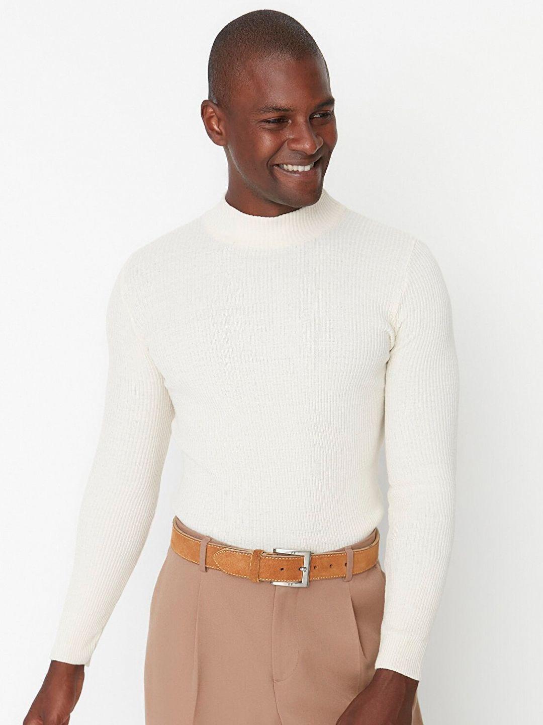 trendyol men off white ribbed pullover sweater