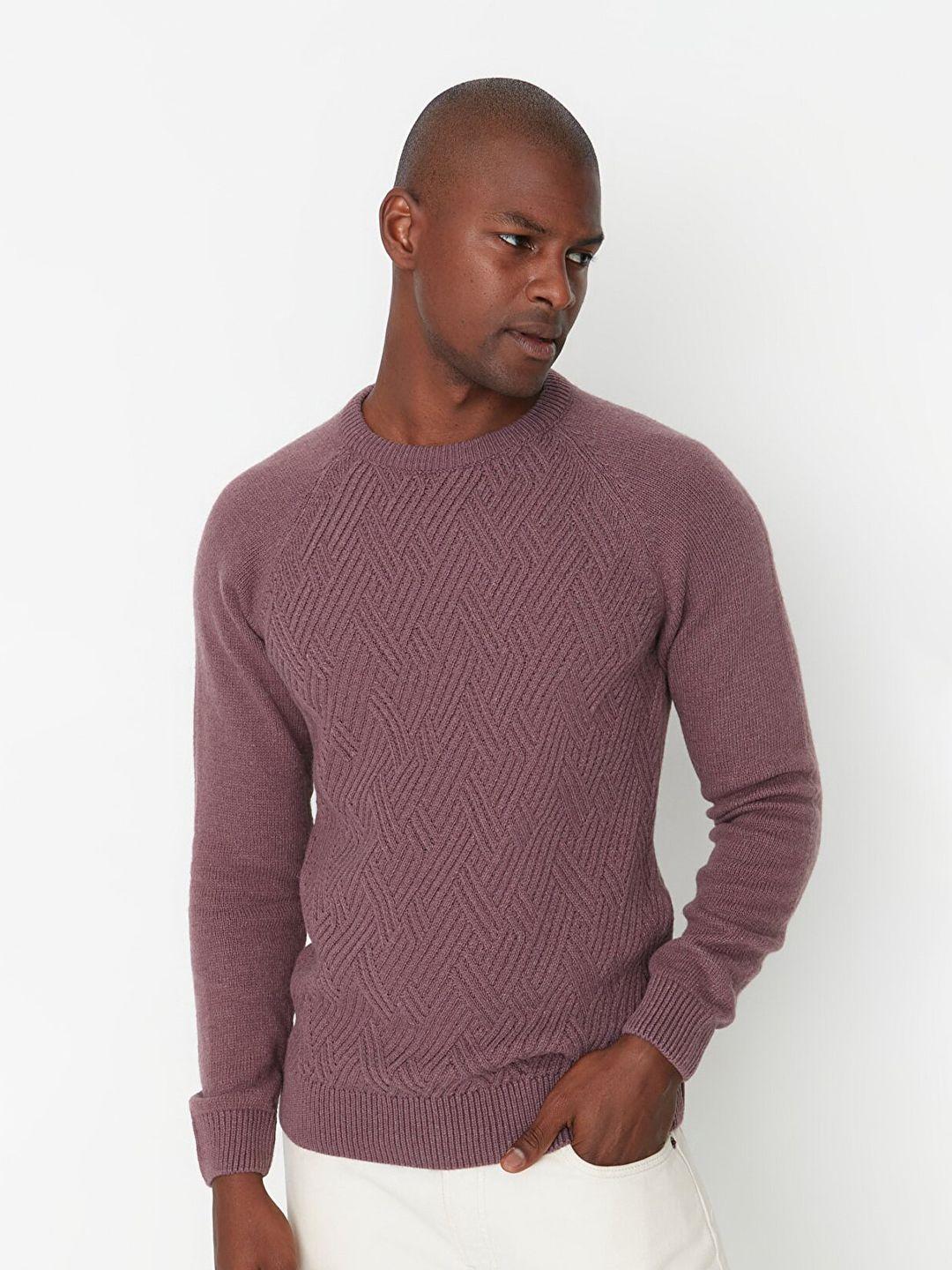 trendyol men mauve self design pullover acrylic sweater