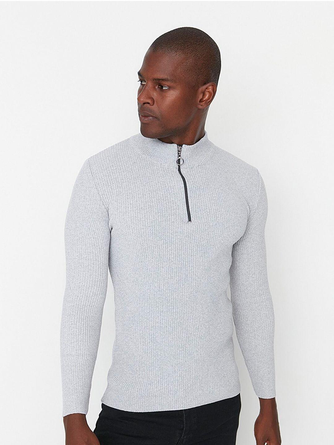 trendyol men grey ribbed pullover