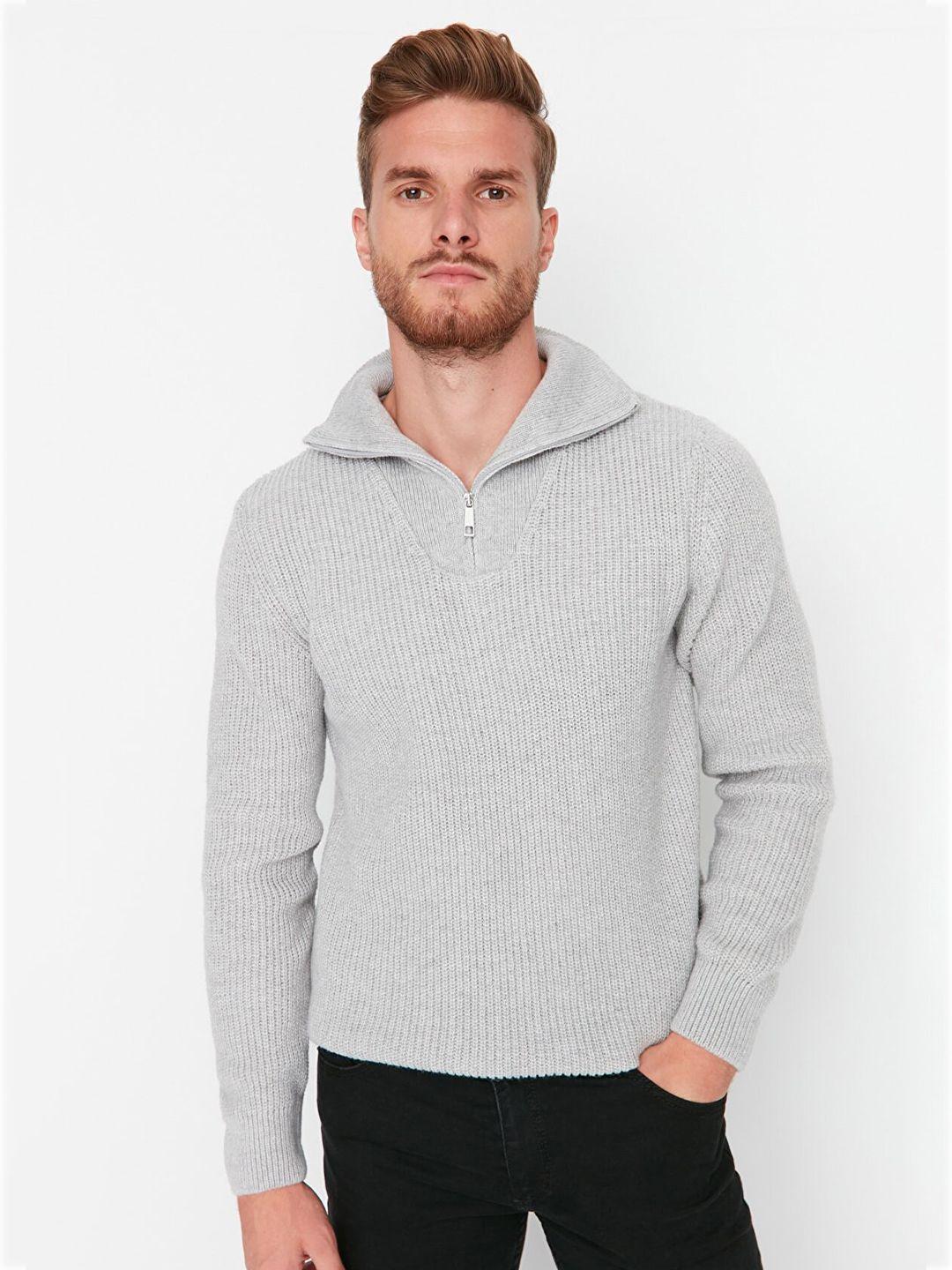 trendyol men grey ribbed pullover