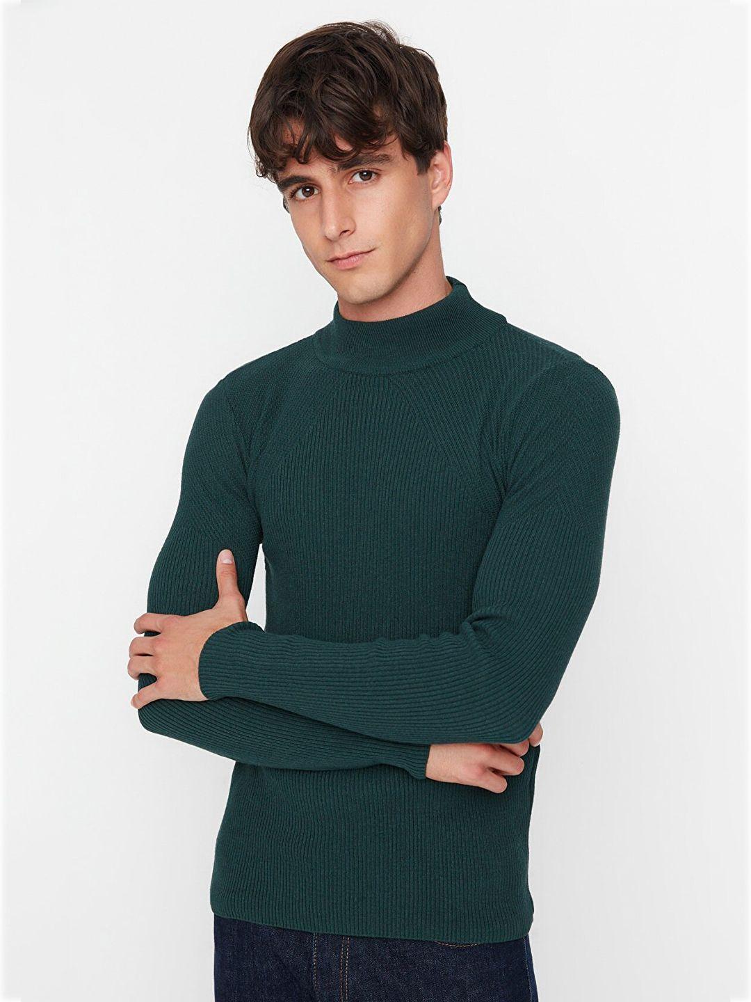 trendyol men green ribbed pullover