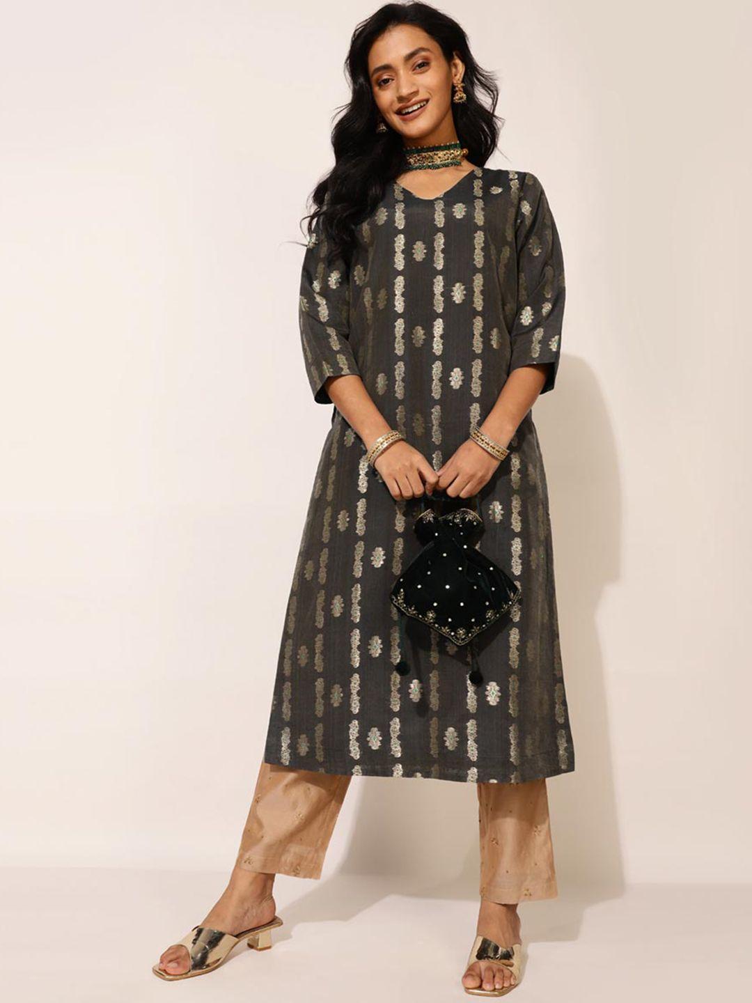 fabindia ethnic motifs v-neck zari printed kurta