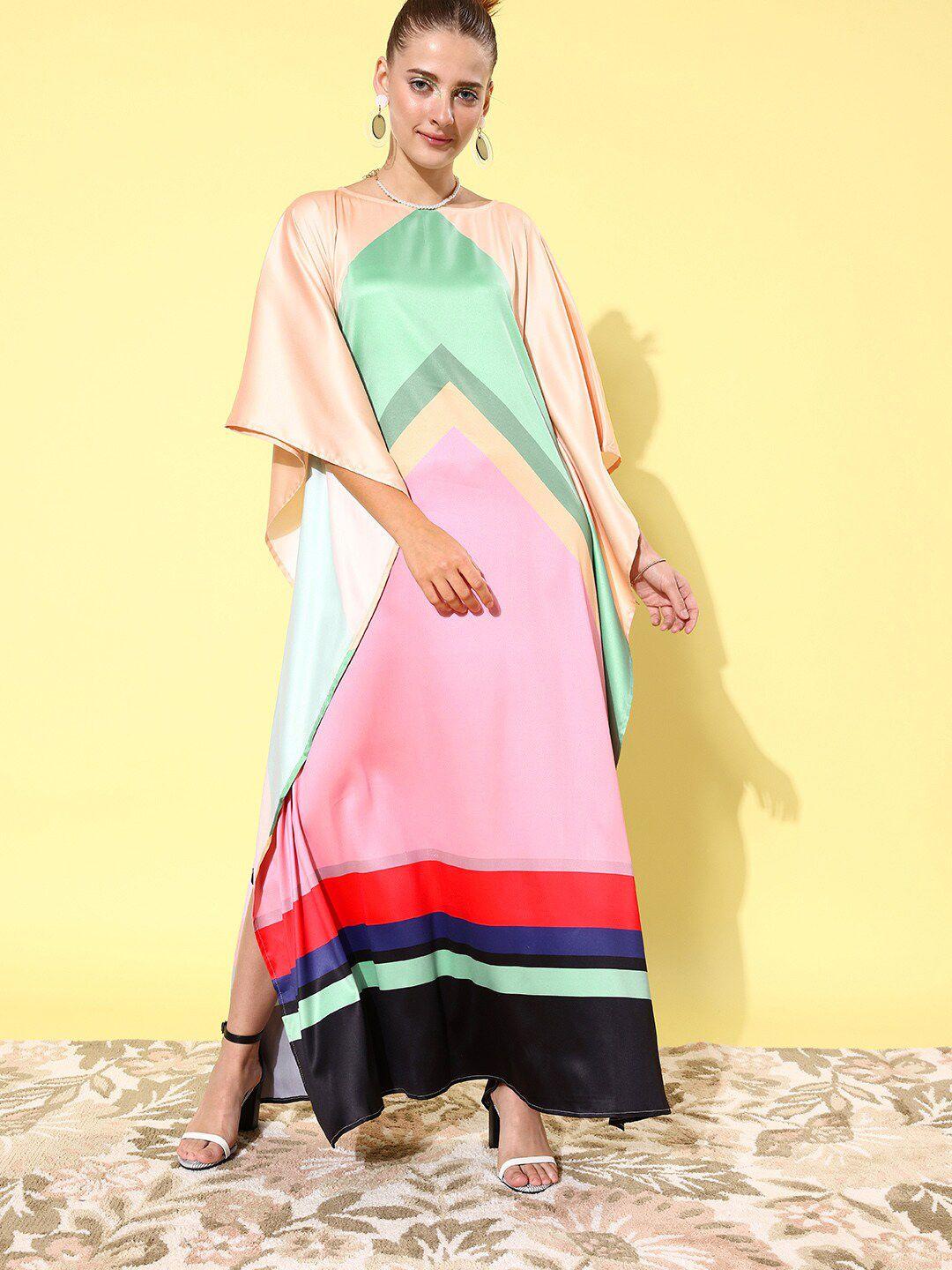 stylestone women green & pink colourblocked kaftan maxi dress