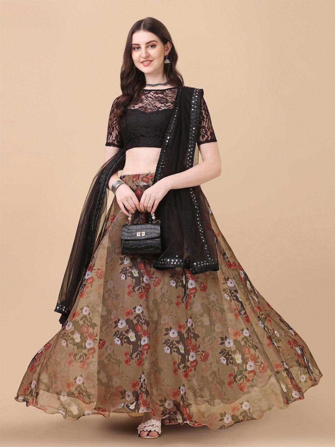 fab viva brown & black semi-stitched lehenga & unstitched blouse with dupatta