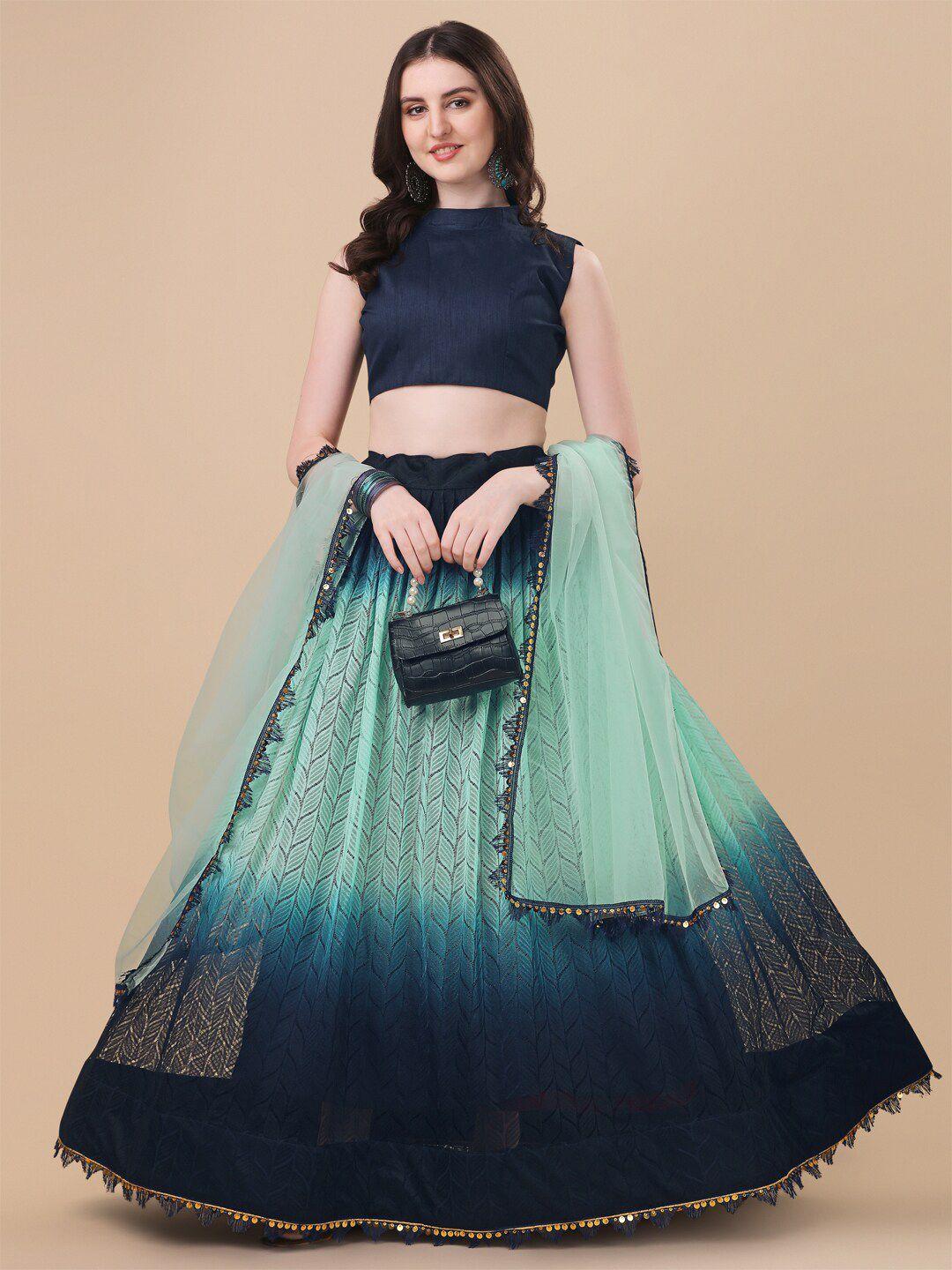 fab viva green & navy blue semi-stitched lehenga & unstitched blouse with dupatta