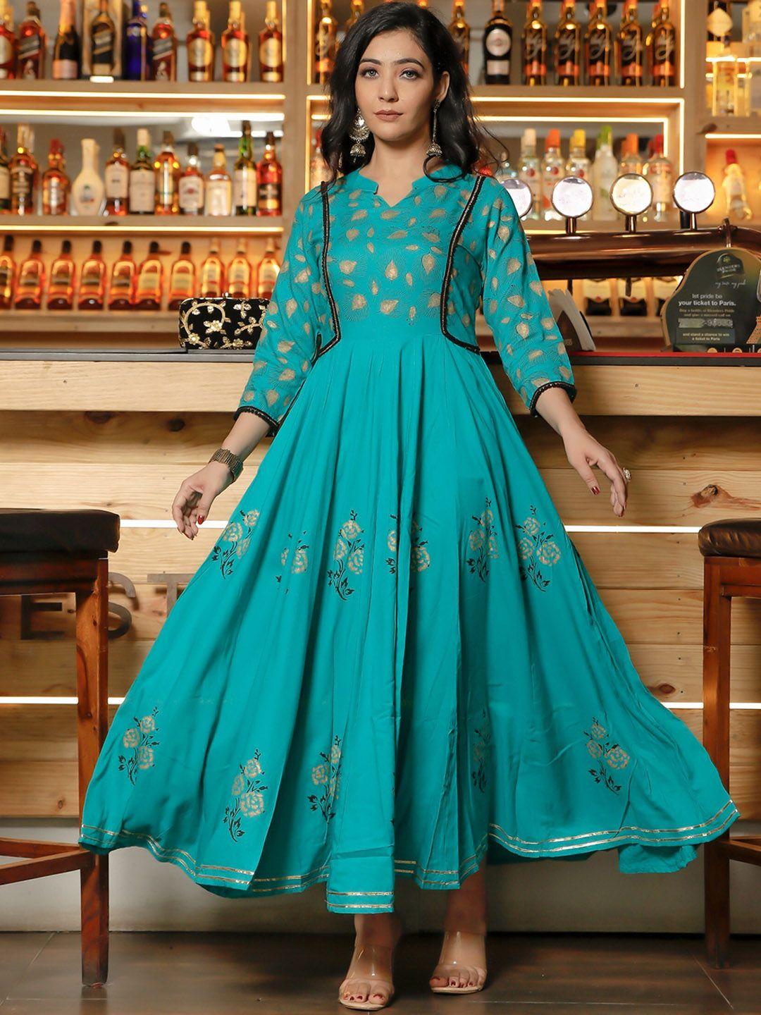 indi inside women teal ethnic motifs printed anarkali kurta