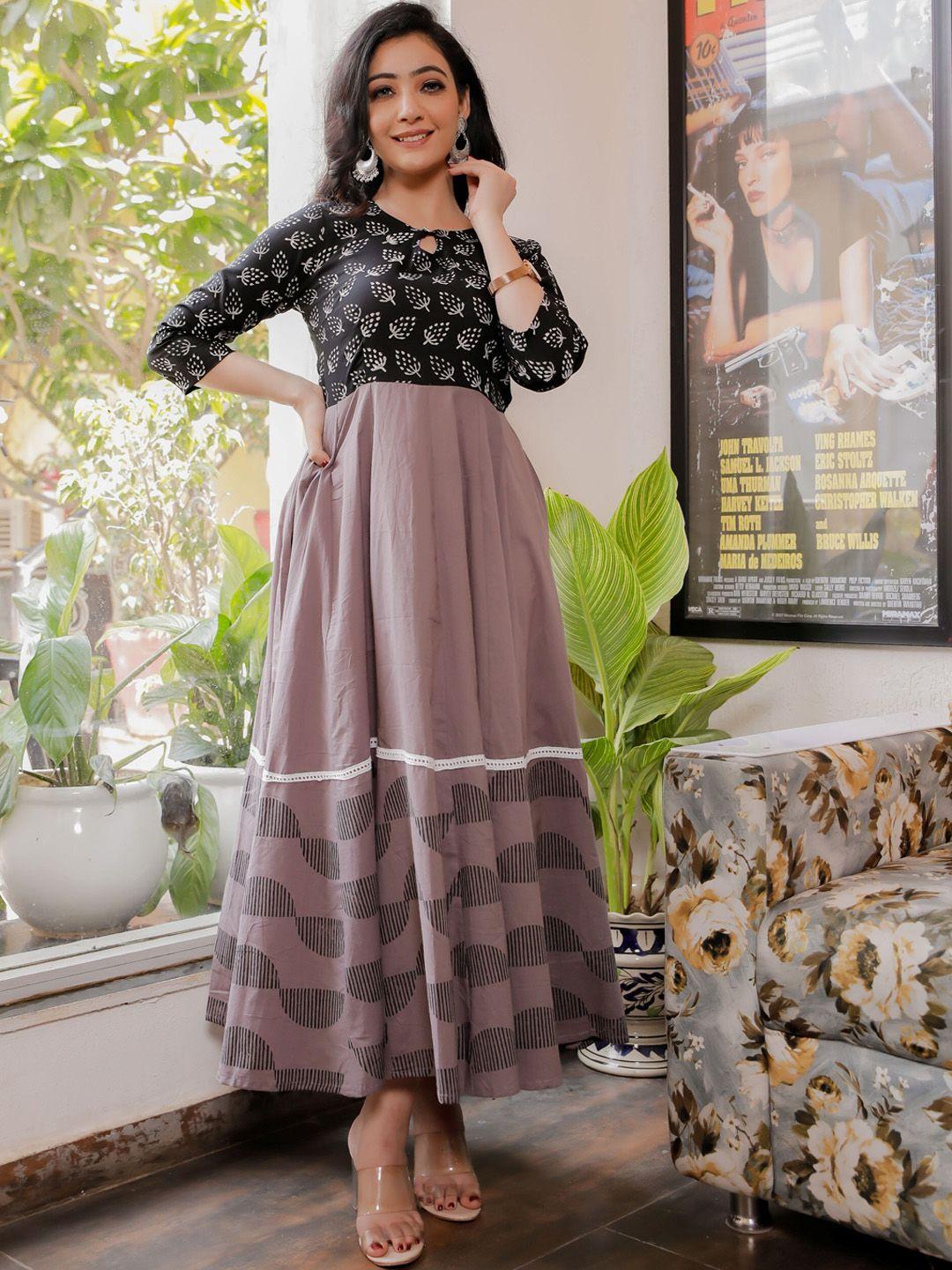 indi inside women mauve & black ethnic motifs printed keyhole neck anarkali kurta