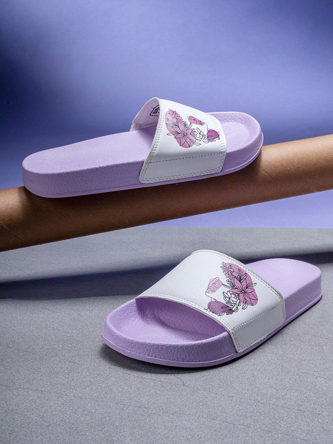 red tape women purple printed rubber sliders