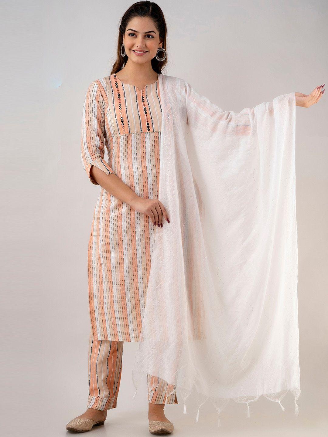 ckm women orange & white striped mirror work kurta with trouser & dupatta set