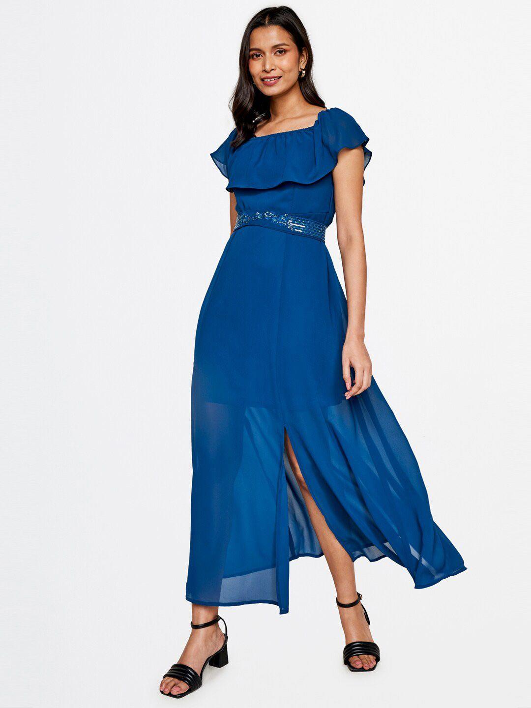 and women blue off-shoulder a-line maxi dress with belt