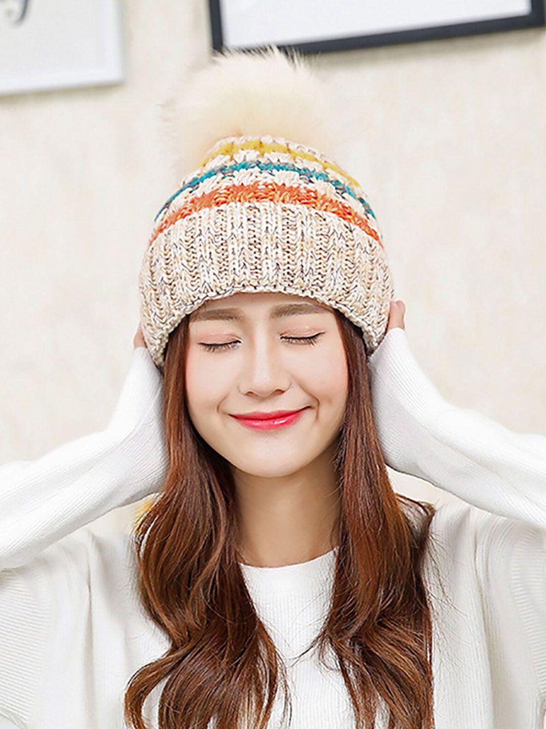 youstylo adults white & blue self design woolen winter pompom cap