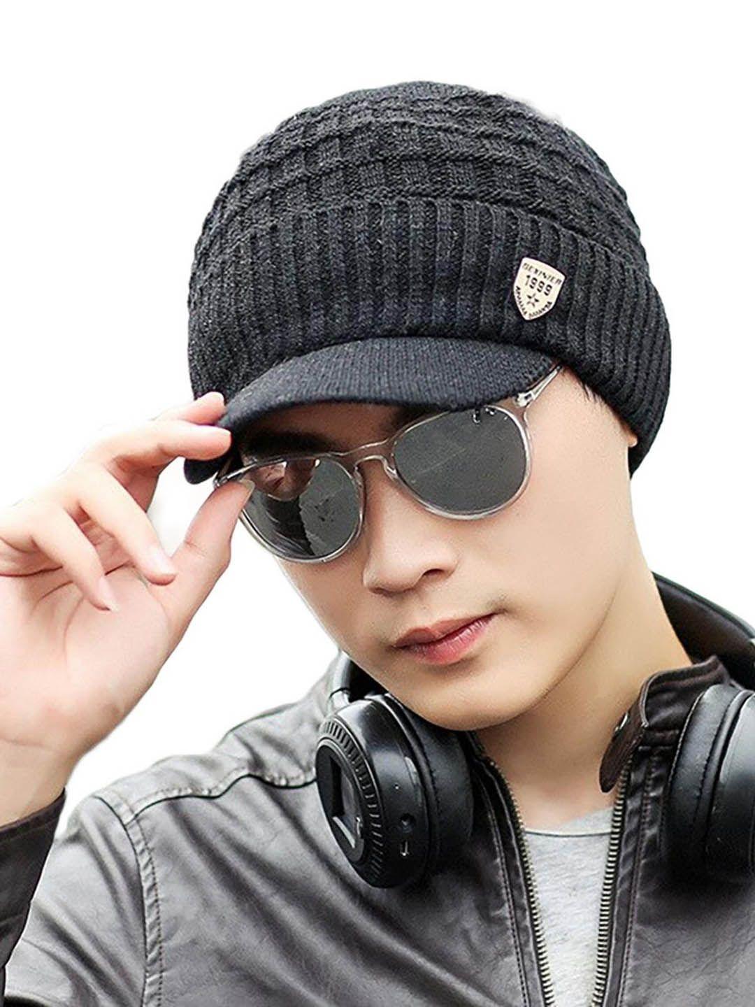 youstylo adults black self design woolen winter visor cap