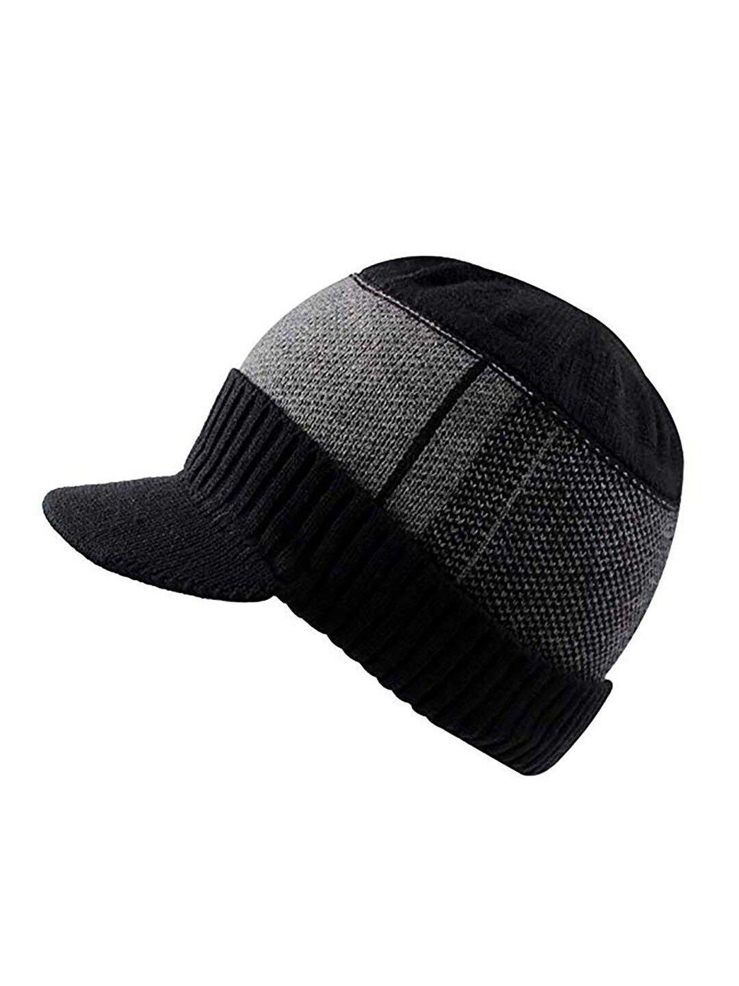 youstylo adults black & grey colourblocked woolen winter visor cap